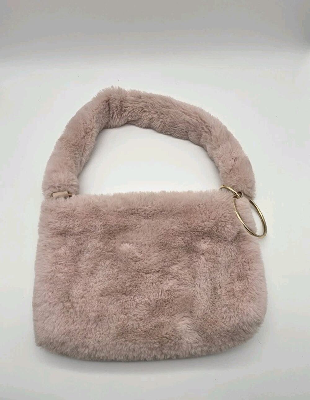 Sam Forever Pink Faux Fur Shoulder Bag Plush Gold Ring Handle Y2K Purse